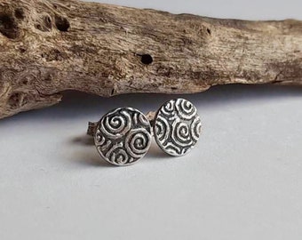 Silver Spiral Pattern Stud Earrings ~ Oxidised Fine Silver ~ Ocean Wave Textured Studs ~ Boho Disc Stud Earrings ~ Sterling Silver Posts