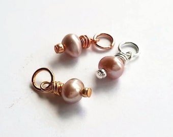 Tiny Pink Freshwater Pearl Charm, June Birthstone Gemstone Charm, Interchangeable Hoop Earring Drops ~ Silver, Gold, Rose Gold ~ 6mm x 11mm