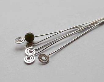 PAIR of Recycled Sterling Silver Spiral End Headpins ~ Decorative Swirl Head Pins, Fancy Findings ~ Choose Gauge & Length (1, 2, 3, 4 Inch)