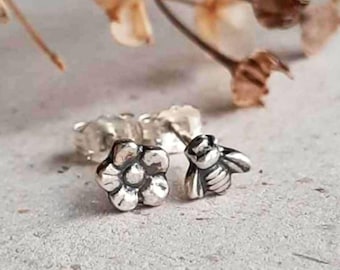 Teeny Tiny Silver Bee & Flower Stud Earrings, Micro Bumble Bee and Forget Me Not Mismatched Earrings, 2nd Hole Studs, Oxidised Fine Silver