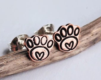 Copper Paw Print and Heart Stud Earrings on Sterling Silver Posts ~ Hand Stamped ~ 7th Wedding Anniversary Gift for Cat or Dog Lover