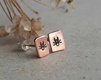 Tiny Copper Spider Stud Earrings on Sterling Silver Posts, Hand Stamped Copper Studs, Cute Halloween Jewellery, Choose Matte or Shiny Finish