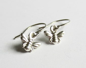 Tiny Fine Silver Bee Earrings - Handmade Pure Silver Bumble Bee Drop Earrings - Cute Honey Bee Charm Earrings - Sterling Silver Wires