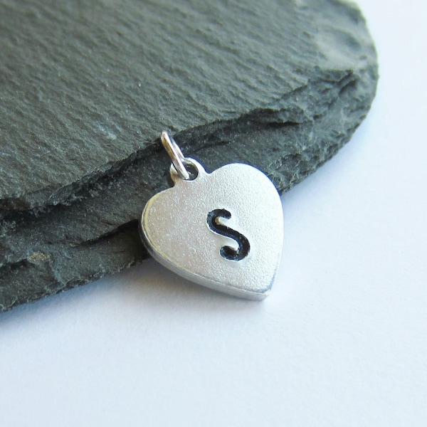 Hand Stamped Initial Letter Charm ~ Heart Shaped Aluminium Uppercase Initial Charm ~ Small Initialled Charm for DIY Jewellery Making ~ 13mm