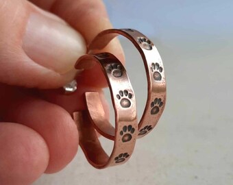 Copper Paw Print Hoop Stud Earrings, Hand Stamped Open Hoop Earrings, Copper and Sterling Silver Half Hoop, 7th Wedding Anniversary Gift