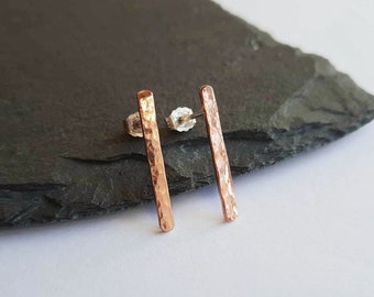 Short Textured Copper Stick Stud Earrings, Dainty Hammered Copper Bar Earrings on Sterling Silver Posts, 7th Anniversary Gift, Day to Night