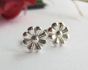 Fine Silver Daisy Stud Earrings - Dainty April Birth Flower Studs - Cute Second Hole Earrings - Sterling Silver Posts - Delicate Jewellery
