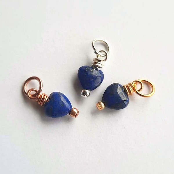 Tiny Lapis Lazuli Heart Charm, September Birthstone Charm, Blue Gemstone Charm, Something Blue for Bride ~ Silver, Gold or Rose Gold, 6x13mm