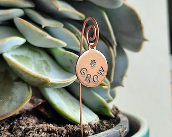 Copper Indoor Plant Pot Stake ~ Houseplant Decoration ~ Hand Stamped "Grow" Charm Plant Decor ~ House Plant Lover Gift ~ 7th Anniversary