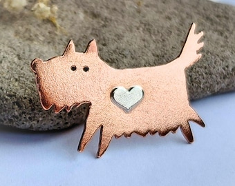 Copper Scruffy Terrier Dog Brooch with Sterling Silver Heart ~ Mixed Metal Lapel Pin ~ 7th Anniversary Gift for Dog Lover