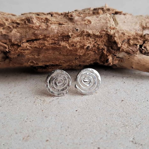 Recycled Sterling Silver Spiral Earrings ~ Hammer Textured ~ Celtic Spiral Swirl Post Earrings ~ Geometric Earrings ~ Eco Friendly Gift