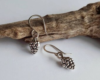 Silver Pine Cone Earrings on Handmade Sterling Silver Wires ~ Dainty Pinecone Charm Earrings ~ Minimal Drop Earrings ~ Nature Inspired Gifts