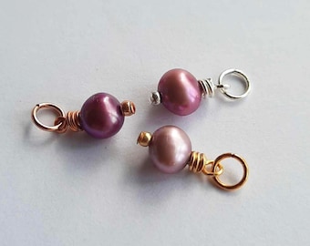 Purple Freshwater Pearl Charm ~ June Birthstone Gemstone Charm ~ Interchangeable Hoop Earring Drops ~ Silver, Gold, Rose Gold ~ 7mm x 12mm