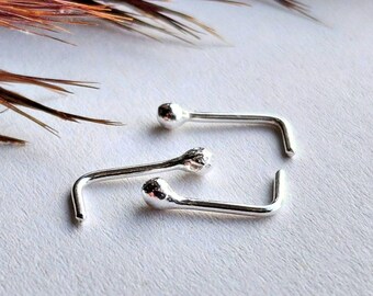 Handmade Sterling Silver Ball Nose Stud ~ 2mm ~ 0.8mm / 20 Gauge ~ Tiny L-Shaped Nose Stud ~ For Healed Piercing ~ L-Bar Nose Pin