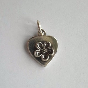 Silver Forget Me Not Heart Charm ~ Sterling Silver and Fine Silver Flower and Love Heart Pendant ~ Artisan Made Floral Pendant ~ 13mm x 11mm