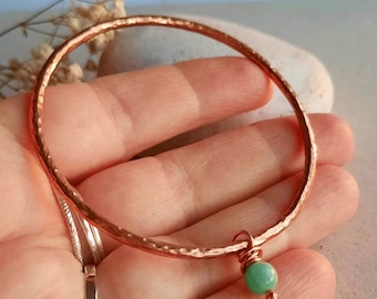 Hammered Copper Bangle with Amazonite Charm ~ Hammer Textured Stacking Bracelet with Wire Wrapped Gemstone Charm ~ Boho 7th Anniversary Gift