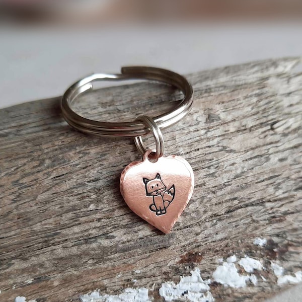 Heart Shaped Copper Fox Keyring ~ 7th Anniversary Gift for Fox Lover ~ Hand Stamped Copper Fox Keychain ~ Token Just Because Letterbox Gift