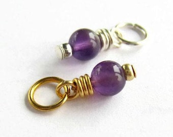 Amethyst Gemstone Charm - February Birthstone Charm - Purple Crystal Dangle Charm - Silver, Gold or Rose Gold - 4mm