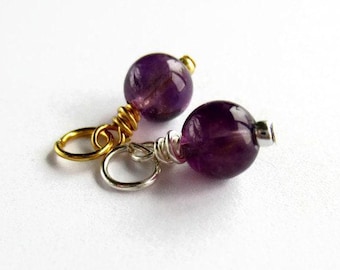 Amethyst Charm - February Birthstone Gemstone Charm - Tiny Amethyst Pendant - Purple Crystal Dangle Charm - Silver, Gold or Rose Gold - 6mm