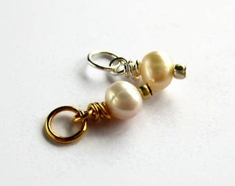 Tiny Freshwater Pearl Charm ~ June Birthstone Gemstone Charm ~ Interchangeable Hoop Earring Drops ~ Silver, Gold or Rose Gold ~ 5-6mm x 11mm