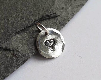 Tiny Sterling Silver Heart Charm ~ Small Hand Stamped Love Heart Charm ~ Cute Add On Disc Charm for Earrings, Necklaces and Bracelets ~ 10mm