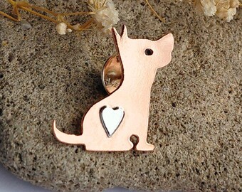 Copper Dog Brooch with Sterling Silver Heart ~ Mixed Metal Terrier Lapel Pin ~ 7th Anniversary Gift for Dog Lover