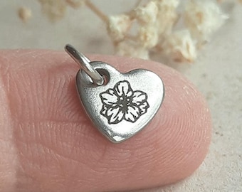 Personalised Birth Flower Charm, Stainless Steel, Choice of 24 Flowers, Heart Shaped Pendant, Laser Engraved Necklace / Bracelet Charm, 10mm