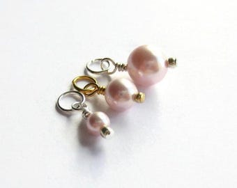 Pale Pink Pearl Charm, June Birthstone Charms, Wire Wrapped Crystal Pearl Dangle for Jewellery Making ~ Silver, Gold or Rose Gold ~ 3 Sizes