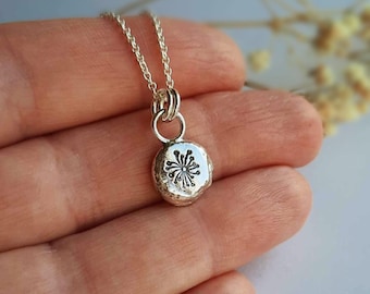 Recycled Sterling Silver Dandelion Necklace ~ Melted Silver Pebble Necklace ~ Molten Silver Floral Nugget Pendant ~ Hand Stamped Jewellery