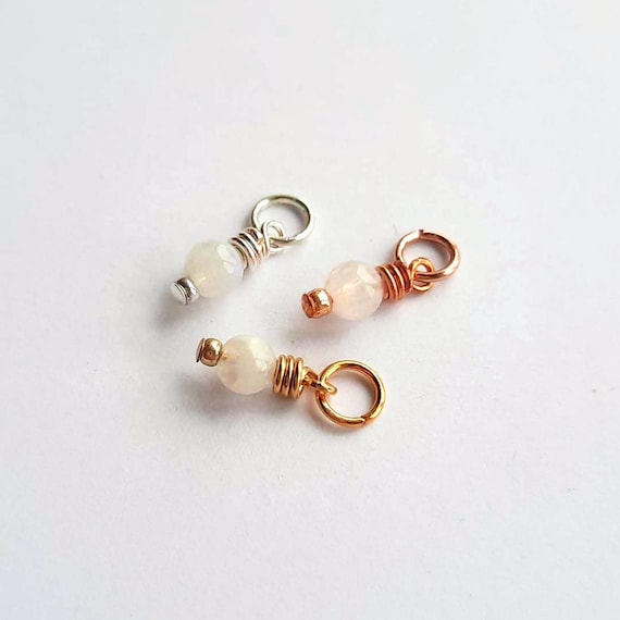 Tiny Rainbow Moonstone Charm, June Birthstone Gemstone Charm, Interchangeable Hoop Earring Drops ~ Silver, Gold, Rose Gold ~ 4mm x 11mm