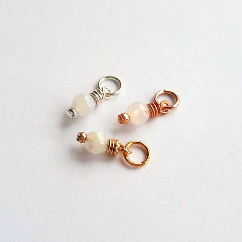 Tiny Rainbow Moonstone Charm, June Birthstone Gemstone Charm, Interchangeable Hoop Earring Drops ~ Silver, Gold, Rose Gold ~ 4mm x 11mm image 1