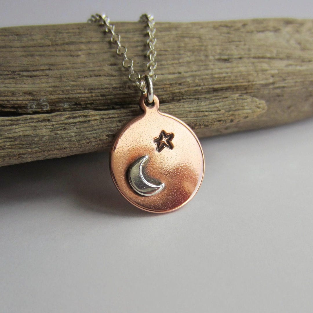 Crescent Moon and Star Necklace ~ Copper and Sterling Silver Celestial ...