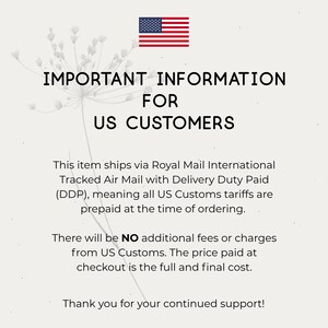 text that provides important information for US customers about shipping an item via Royal Mail International Tracked Air Mail with Delivery Duty Paid (DDP). It informs that all US customs duties are prepaid at the time of ordering, and there will be no additional fees or charges from US Customs. The final cost of the item is the full and final cost. The image also expresses gratitude for continued support from the customers.