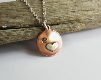 Paw Print and Heart Copper and Sterling Silver Necklace - Boho Mixed Metal Hand Stamped Pendant - Special Gift for Dog or Cat Lover