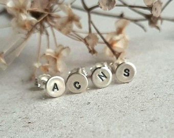 Single Sterling Silver Initial Letter Stud Earring - Tiny Hand Stamped Initial Earrings - Minimalist Alphabet Studs - Gift for Him or Her