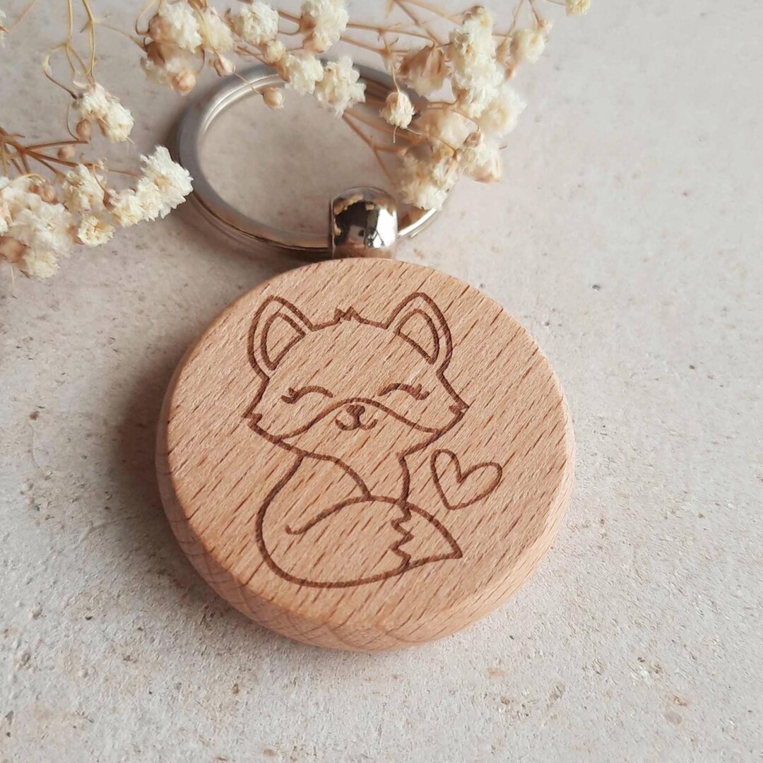 Cute Fox and Love Heart Wooden Key Ring ~ Double Sided Wood Keychain ...
