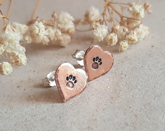 Small Copper Paw Print Stud Earrings, Heart Shaped Hand Stamped Copper Pawprint Studs, 7th Wedding Anniversary Gift, Cat or Dog Lover Gift