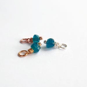 Neon Apatite Gemstone Charm, Rustic Blue Gemstone Charm, Dainty Wire Wrapped Mini Pendant - Silver, Gold or Rose Gold - Approx 6mm x 11mm