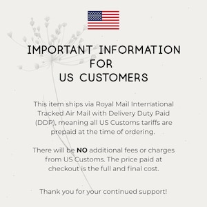 text that provides important information for US customers about shipping an item via Royal Mail International Tracked Air Mail with Delivery Duty Paid (DDP). It informs that all US customs duties are prepaid at the time of ordering, and there will be no additional fees or charges from US Customs. The final cost of the item is the full and final cost. The image also expresses gratitude for continued support from the customers.
