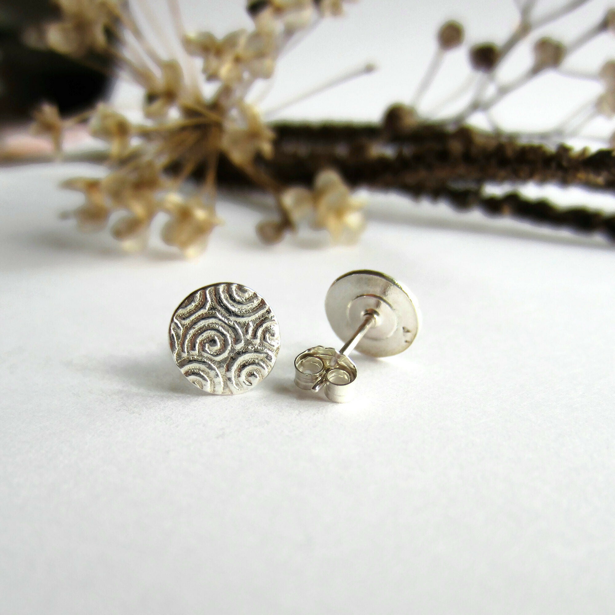 Fine Silver Spiral Pattern Studs Textured Disc Earrings - Etsy UK