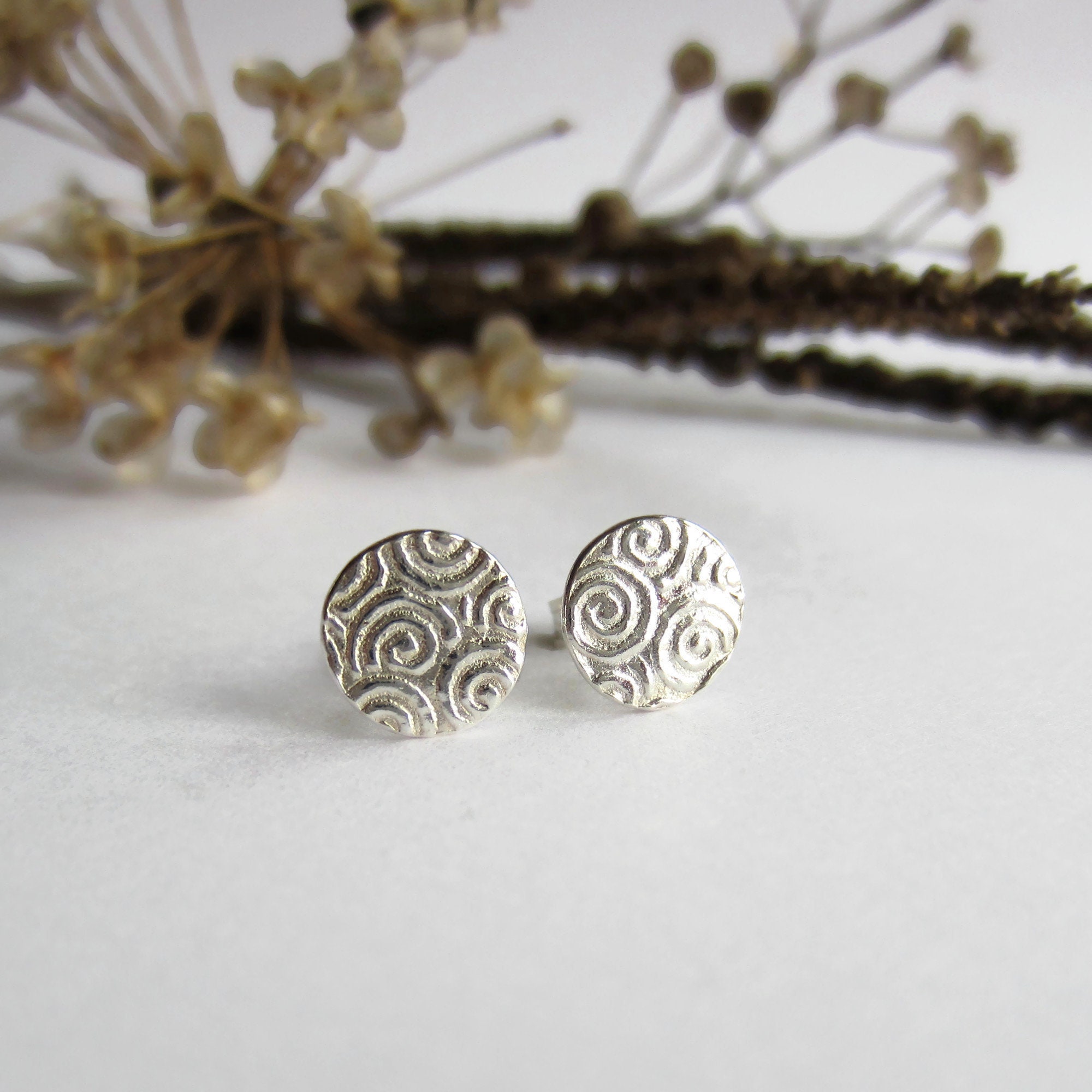 Fine Silver Spiral Pattern Studs Textured Disc Earrings | Etsy