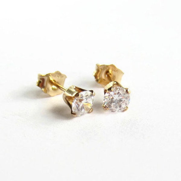 Tiny Clear Cubic Zirconia Stud Earrings - CZ Solitaire Earrings - April Birthstone Post Earrings - Bridesmaid Earrings - Gold Filled - 4mm
