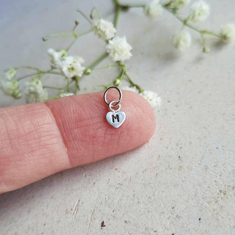 Teeny Tiny Sterling Silver Initial Charm ~ Heart Shaped Initial Letter Charm ~ 5mm Small Heart Charm - Little Add On for Necklace / Bracelet image 1
