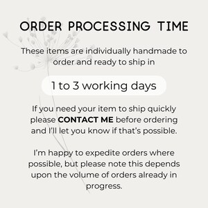 text that provides information about the order processing time for handmade items. It states that these items are individually handmade and ready to ship in 1 to 3 working days. The text also advises contacting the seller before ordering to know if a quicker shipping option is possible, and it mentions that the seller is happy to expedite orders where possible, but the shipping time depends on the volume of orders already in progress.