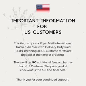 text that provides important information for US customers about shipping an item via Royal Mail International Tracked Air Mail with Delivery Duty Paid (DDP). It informs that all US customs duties are prepaid at the time of ordering, and there will be no additional fees or charges from US Customs. The final cost of the item is the full and final cost. The image also expresses gratitude for continued support from the customers.