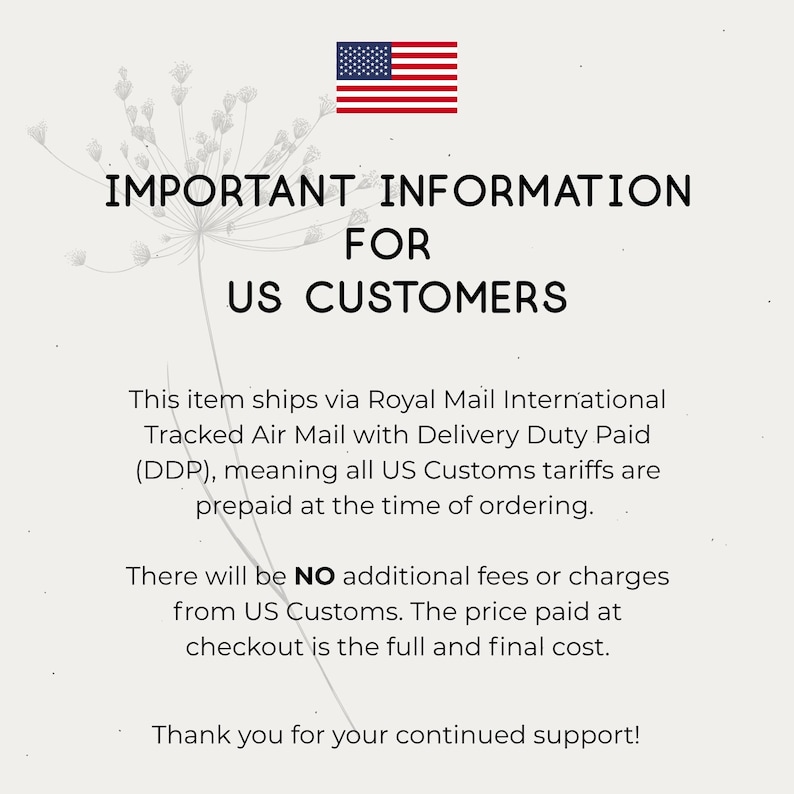 text that provides important information for US customers about shipping an item via Royal Mail International Tracked Air Mail with Delivery Duty Paid (DDP). It informs that all US customs duties are prepaid at the time of ordering, and there will be no additional fees or charges from US Customs. The final cost of the item is the full and final cost. The image also expresses gratitude for continued support from the customers.