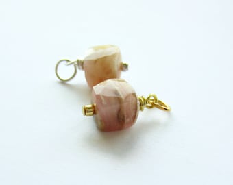 Rustic Peruvian Pink Opal Wire Wrapped Gemstone Charm ~ October Birthstone ~ Dainty Gemstone Cube ~ Silver, Gold, Rose Gold ~ 8mm x 14mm