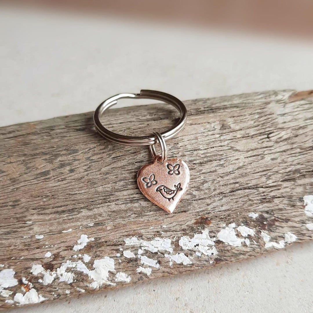 Bird and Butterflies Heart Shaped Copper Keyring ~ 7th Anniversary Gift ...