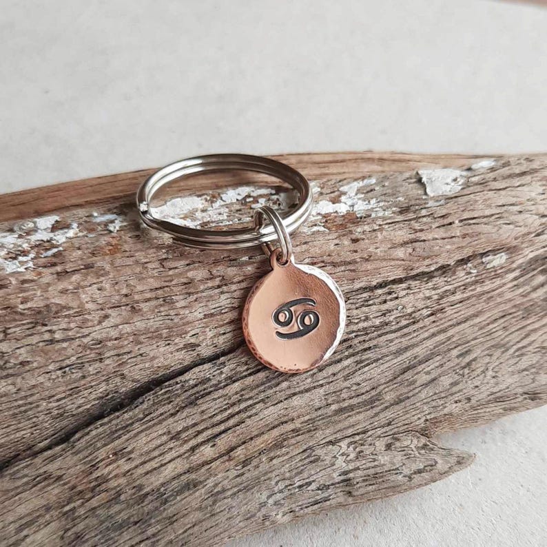 Cancer Zodiac Symbol Key Ring, Hand Stamped Copper Star Sign Key Chain ...