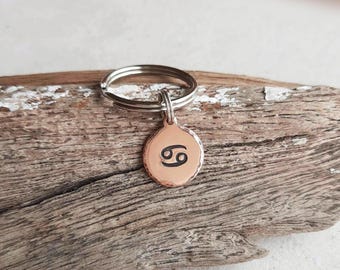 Cancer Zodiac Symbol Key Ring, Hand Stamped Copper Star Sign Key Chain for Woman, 7th Anniversary Gift for Cancerian, Astrology Lover Gift